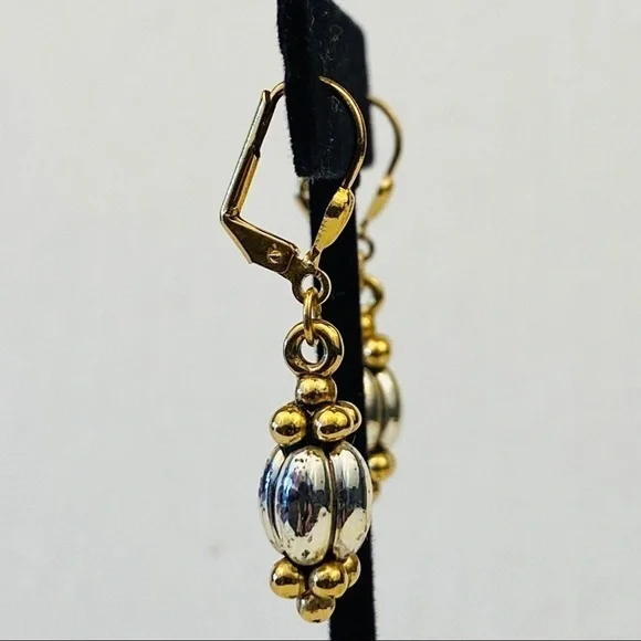 Earring dangle silver and gold cabochon and dragées. With lever back hooks - Picture 3 of 7